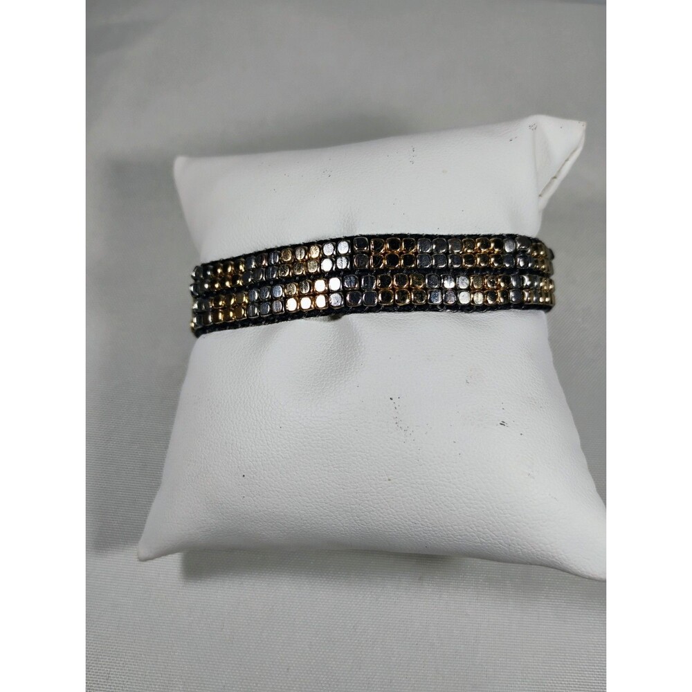 Vintage Metal Beaded Wrap Bracelet Black Cord Silver & Gold Square Beads Bling